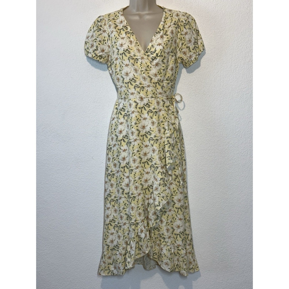 Womens M Yellow Floral Wrap‎ Dress Puff Sleeve Linen Blend Cottagecore Coquette